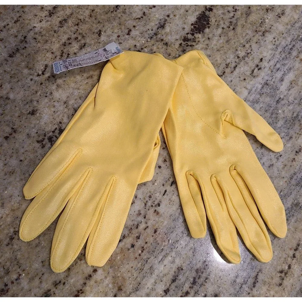 New! Vintage Size 6.5 Small Yellow Shiny Nylon Stretch Formal Gloves 7.5